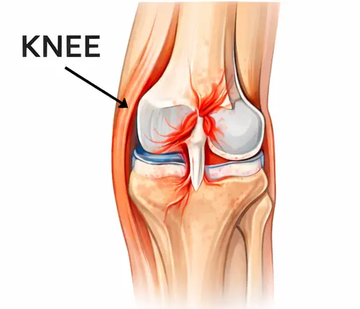 Knee ligament tear medical diagram showing damaged knee ligaments with inflammation and instability