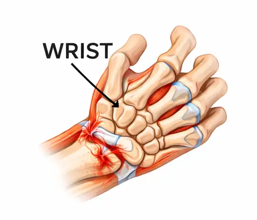 Wrist ligament injury illustration showing torn wrist ligament with swelling and pain area highlighted