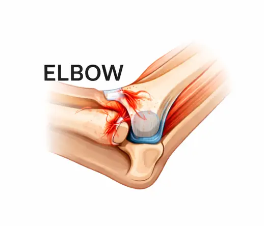 Elbow ligament tear diagram showing damaged collateral ligament with redness and joint instability