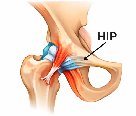 Hip ligament injury medical illustration showing torn hip joint ligament with inflammation