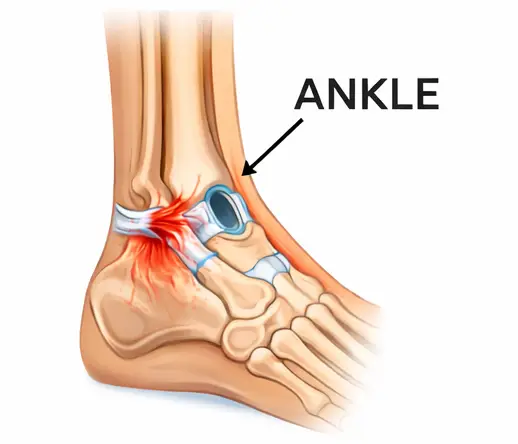 Ankle ligament tear illustration showing damaged lateral ankle ligament with swelling and inflammation