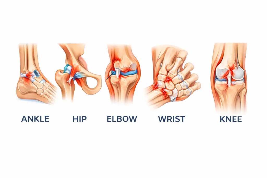 Vertical medical illustration showing ligament injuries of the ankle, hip, elbow, wrist, and knee with highlighted inflamed ligaments and labeled arrows indicating tear locations.”